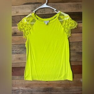 Bisou Bisou Neon Yellow Lace Accent Blouse